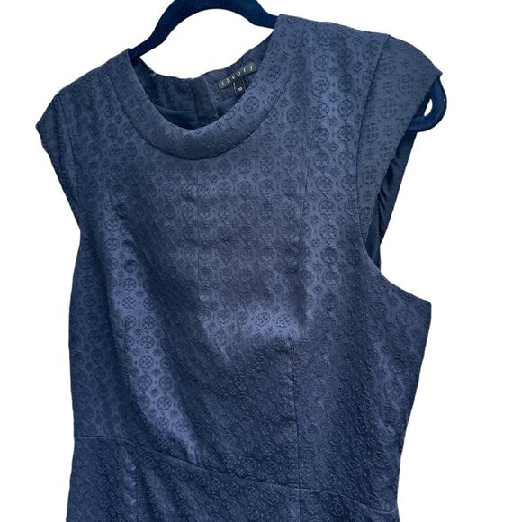 Theory Embroidered Navy Blue Cap Sleeve Dress Size 10 Textured Formal Dressy - Picture 2 of 11